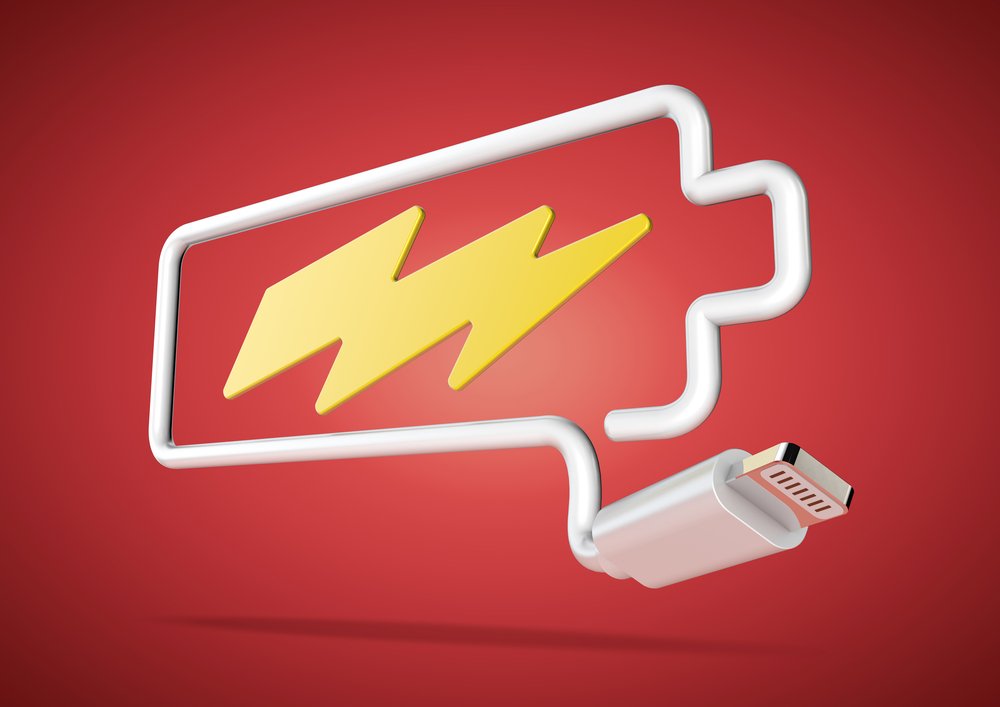 Computer cable and plug makes battery logo with lightening bolt
